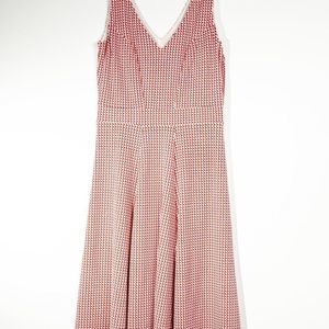 Ann Taylor red & white pattern midi pleated A-line V- neck dress size 0